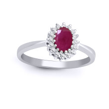 (I) Jewelco London 9ct White Gold H I2 0.12ct Diamond Oval Red 0.6ct Ruby Classic Royal Cluster Ring 9mm - 9R415