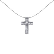 Jewelco London Unisex Rhodium Plated Sterling Silver Baguette Cubic Zirconia Art Deco Shimmering Solitaire Cross Pendant - APX040
