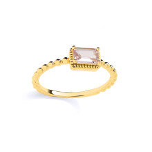 (P) Jewelco London Yellow Gold-Plated Sterling Silver Peach Emerald CZ Beaded Pink Pool Oblong Solitaire Ring - GSR1075