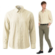 Camisa de Hombre de Algodón Casual para Verano Manga Larga Elegante Beige L — camisa regular fit, ropa hombre algodón