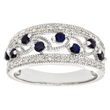 (O) Jewelco London 9ct White Gold 15pts Diamond 0.41ct Sapphire Art Deco Bubbles n Waves Eternity Ring 8mm - PR0AXL6418WSA