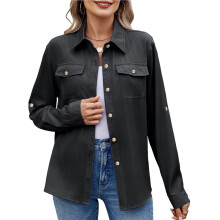 Damen Button-Down-Hemden Lässiges Langarm-Chambray-Bluse-Oberteil mit V-Ausschnitt Schwarz L