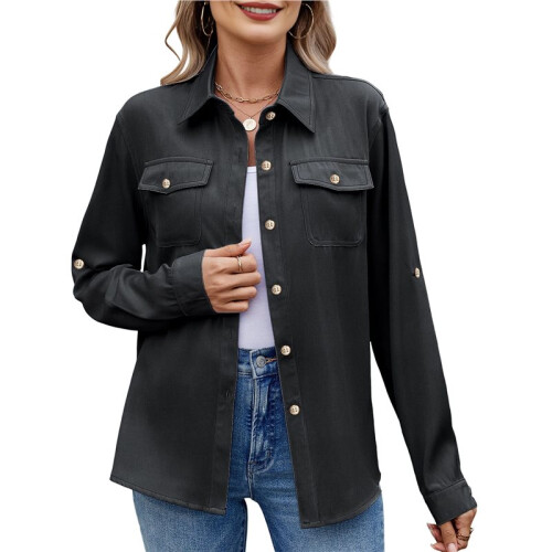 Damen Button-Down-Hemden Lässiges Langarm-Chambray-Bluse-Oberteil mit V-Ausschnitt Schwarz L