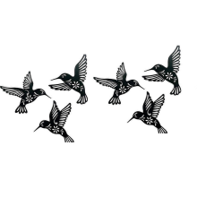 Muurdecoratie voor buiten met kolibries, zes silhouetten van kolibries.