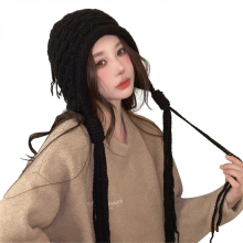 Knit Beanie Hat for Women Harajuku Style Fringed Braids Earflap Hat Handmade Crochet Hat Y2K Sweet Winter Warm Headwear Black