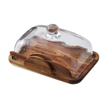 Scatola per il pane in legno con burriera rustica e coperchio in vetro, ideale per la cucina in stile rustico vintage.