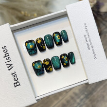 (XS) Black Green Short Fake Nails with Cat Eyes Ultra-flexible Long Lasting Fake Nails for Hot Girl Dress Matching
