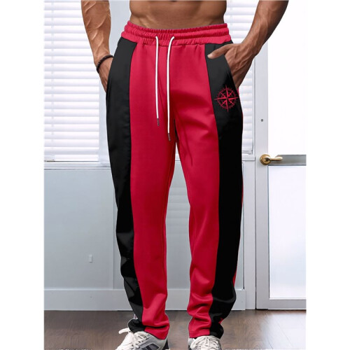 Men'S Color Block Side Stripe Drawstring Straight Athletic Pants Wine Red L 2