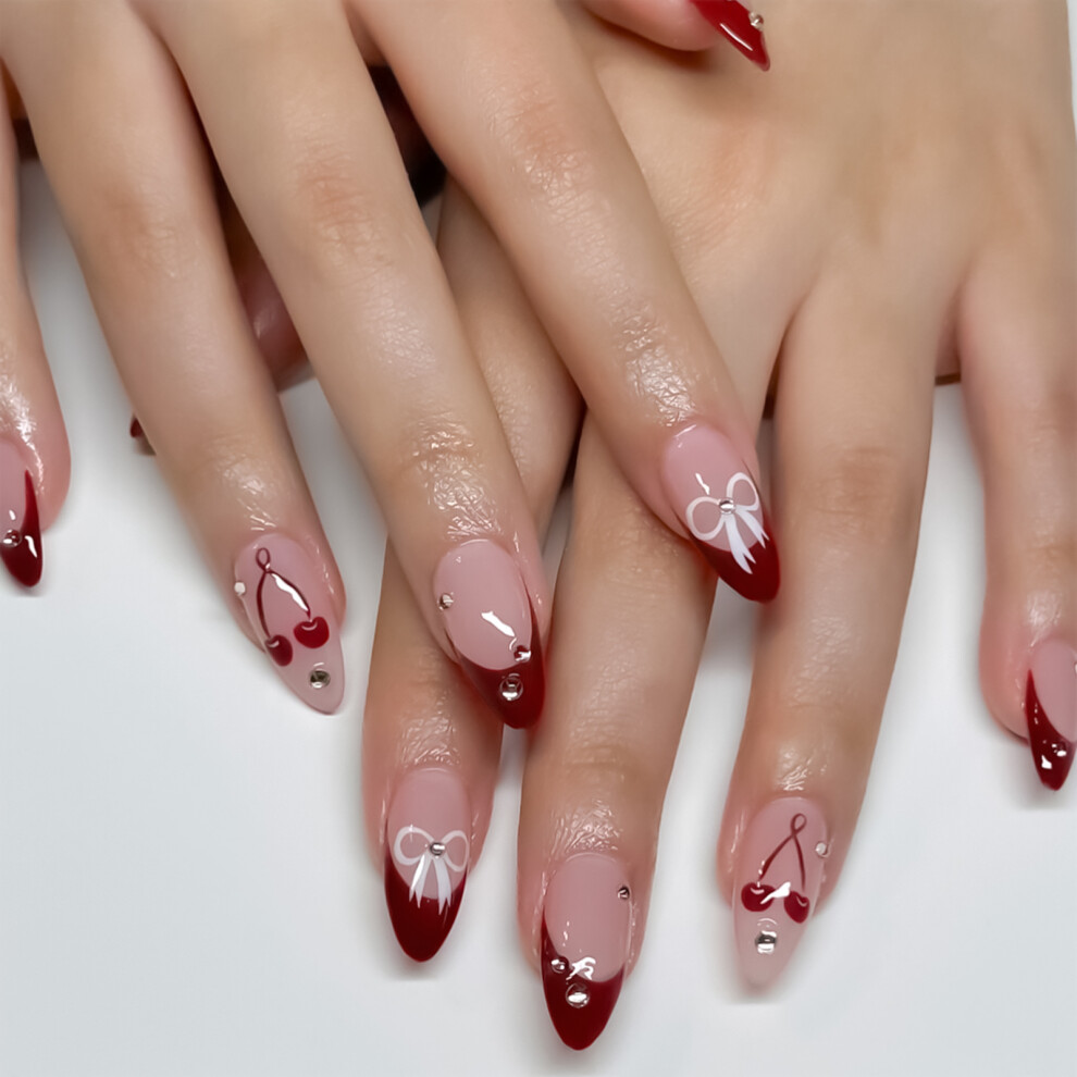 Zhouq-Outdoors Pink Almond Fake Nails, French Red Tip, Unbreakable