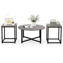 Set van 3 salontafels met robuust metalen frame, ronde salontafel en 2 vierkante bijzettafels, grijs