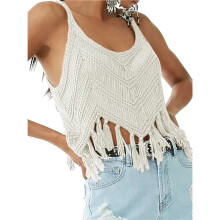 Top da Donna con Frange, Stile Western da Cowgirl, Senza Maniche, Scollo A V, All'Uncinetto, Spalline Sottili, Gilet Bianco Crema S