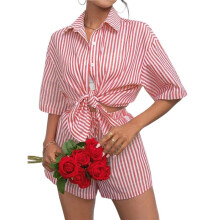 Conjunto Feminino Casual de Calça e Blusa Listradas de Manga Curta com Gola, Duas Peças, para Usar em Casa no Verão. Terno Vermelho XS