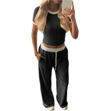 Conjunto de Moletom Feminino de Verão com Duas Peças Combinando, Composto Por Calça Pantalona e Top Cropped com Franzido Lateral. Preto XL