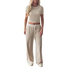 Conjunto de Moletom Feminino de Verão com Duas Peças Combinando, Composto Por Calça Pantalona e Top Cropped com Franzido Lateral. Cáqui XL