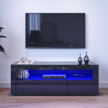 (High Gloss Black) Elegant LED TV Stand with RGB Lighting, Open Shelf, 2 Flap-Door Storage Cabinets, High Gloss Front TV Unit