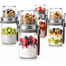 4 Pack Övernattningshavrebehållare, (16Oz+5Oz) Glas Masonburkar med Torr och Våt Separation för Cereal Nöt Fruktsallad