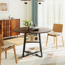 120cm Vintage Wood Grain Round Dining Table Black Metal Frame with Mesh Storage Shelf for Kitchen Dining Room