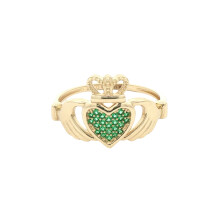(O) Jewelco London Ladies Solid 9ct Yellow Gold Green CZ Hands Holding Crowned Heart Claddagh (Chladaigh) Signet Ring - JRN613