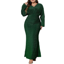 Abito da Sera da Donna con Paillettes, Manica Lunga, Scollo A V, Aderente, Lungo, Elegante, Taglie Forti Verde 4XL