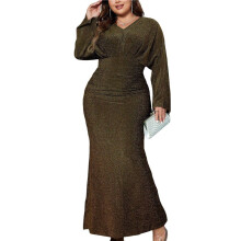 Abito da Sera da Donna con Paillettes, Manica Lunga, Scollo A V, Aderente, Lungo, Elegante, Taglie Forti Oro 4XL