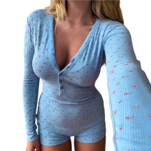 Damen-Schlafanzug, Einteilig, Langärmlig, V-Ausschnitt, Bodysuit, Nachtwäsche Blau S