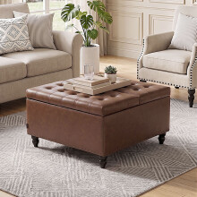 81.5cm Brown PU Leather Square Storage Ottoman Coffee Table Tufted Flip Top Ottoman with Rivet Decor Solid Rubber Wood Legs Large Storage Space