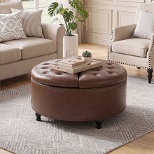 80cm Brown PU Leather Round Storage Ottoman Coffee Table Tufted Flip Top Ottoman with Rivet Decor Solid Rubber Wood Legs Large Hidden Storage Space