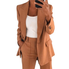 Damen 2-Teiliges Outfit, Übergröße, Business-Casual, Lange Ärmel, Revers-Oberteil, Gerades Bein, Hosenanzug Kaffee M