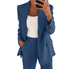 Damen 2-Teiliges Outfit, Übergröße, Business-Casual, Lange Ärmel, Revers-Oberteil, Gerades Bein, Hosenanzug Dunkelblau XL
