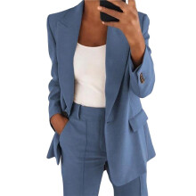 Damen 2-Teiliges Outfit, Übergröße, Business-Casual, Lange Ärmel, Revers-Oberteil, Gerades Bein, Hosenanzug Blau L