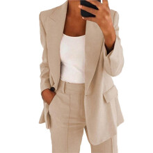 Damen 2-Teiliges Outfit, Übergröße, Business-Casual, Lange Ärmel, Revers-Oberteil, Gerades Bein, Hosenanzug Aprikose L