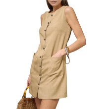 Vestido Curto Feminino Sem Mangas, com Amarração Na Cintura, Botões Frontais, Gola Redonda, Cor Sólida, Estilo Casual Chique. Cáqui S