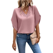 Blusa Feminina de Manga Curta com Decote em V e Detalhes em Renda Rosa XXL