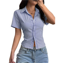 Camisa Feminina Listrada de Verão com Botões, Manga Curta, Gola, Estilo Y2K, Blusa Casual Elegante Azul L
