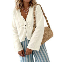 Blusas Femininas de Linho com Amarração Frontal, Manga Flare, Decote em V e Fechamento em Cadarço, Estilo Y2K Branco Creme S