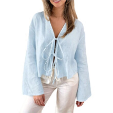 Blusas Femininas de Linho com Amarração Frontal, Manga Flare, Decote em V e Fechamento em Cadarço, Estilo Y2K Azul Claro S