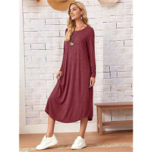 Damen Lockeres, Lässiges Kleid mit Rundhalsausschnitt und Langen Ärmeln, Midikleid mit Schrägen Taschen und Abgerundetem Saum Weinrot M
