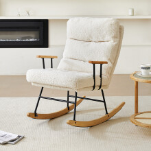 White Sherpa Fleece Rocking Chair with Solid Wood Armrests Black Metal Frame Oak Rockers Adjustable Padded Nursery Glider Chair