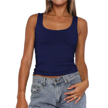 Damen Ärmelloses Tanktop mit Quadratischem Ausschnitt, Doppellagig, Basic, Bauchfreies Top, Sommer, Fitness, Workout, Freizeitoberteile Marineblau L