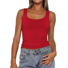 Damen Ärmelloses Tanktop mit Quadratischem Ausschnitt, Doppellagig, Basic, Bauchfreies Top, Sommer, Fitness, Workout, Freizeitoberteile Rot S