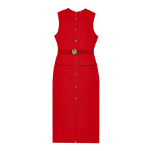 Arbeitskleider für Damen 2025 Business Formales Langes Kleid Ärmellos Button-Down Elegante Büro-Outfits mit Gürtel Rot L