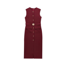 Damen 2025 Business Formal Langes Kleid Ärmellos Button-Down Elegante Büro-Outfits mit Gürtel Weinrot L