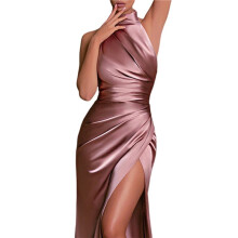 Neckholder Brautjungfernkleider Lang mit Schlitz Satin Ballkleid Plissee Meerjungfrau Abendkleid Abendkleid Bohnenpastenfarbe S