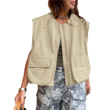 Damen Casual Reißverschluss Weste Cargo Übergroße Gerüschte Saum Ärmellose Jacken Tops Khaki S