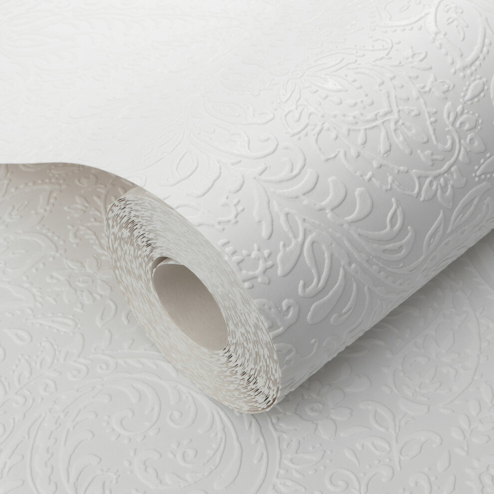 White Textured Paintable Wallpaper Floral Thick Blown Vinyl Bedroom Living Room - Image 3