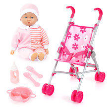 Bayer Pink Dolls Stroller - Doll and Pram Set for 2 Year Old with Soft, Cuddly Baby Dolly 36 cm & Feeding Baby Doll Accessories - My First Foldable Do