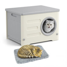 Outdoor Cat House Waterproof Shelter, Plastic Cat Cave with Cushion, Stackable Pet Kennel for Cats Small Dogs Rabbits 54x41x38cm