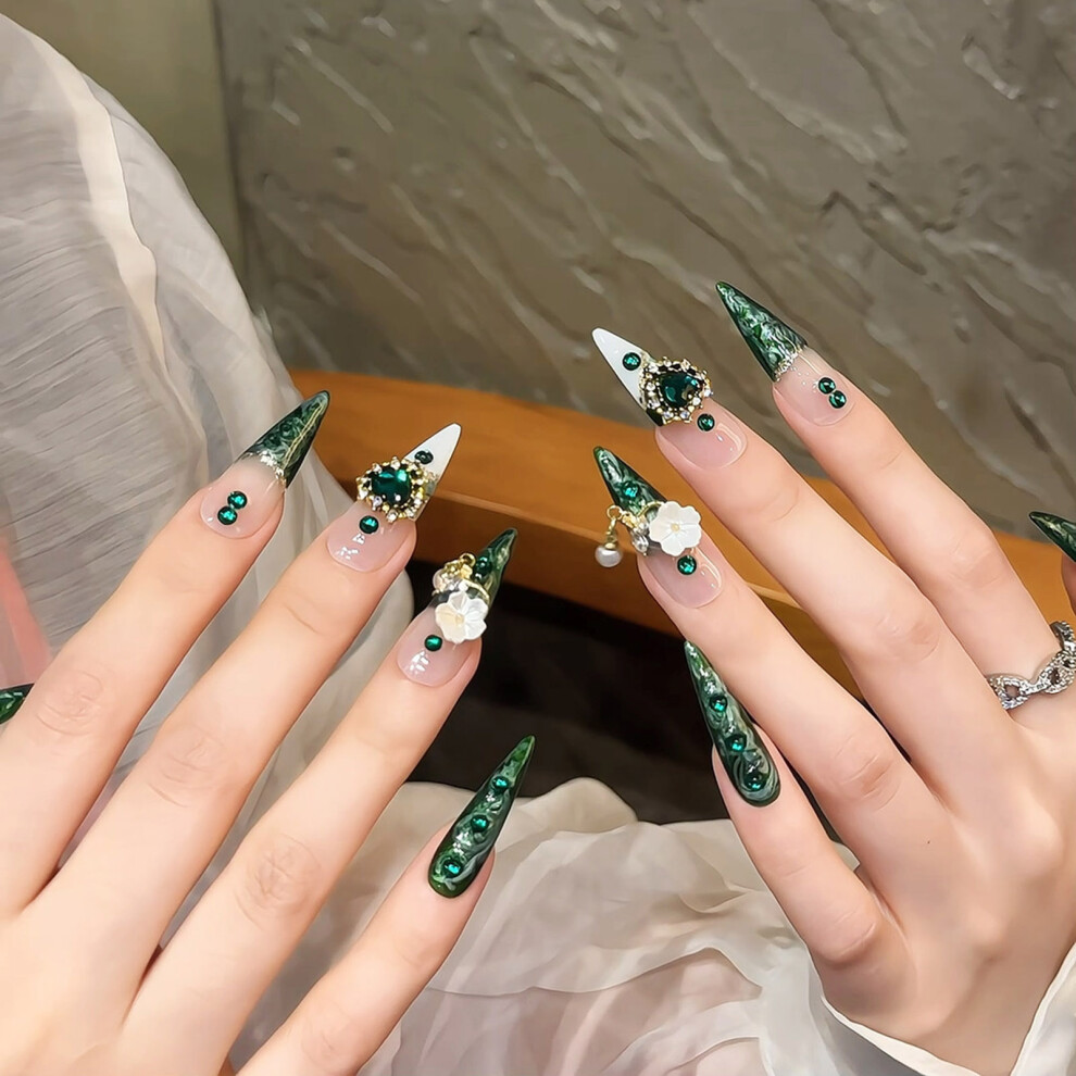 Bright-Home (Xs) Nude Long Fake Nails With Green Tip Odorless Provides A Comfortable Experience For Stage Performance Wear