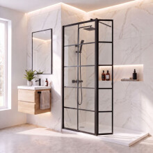 Purefino 800mm Grid Wet Room Shower Screen Hinged Return Panel 8mm Safety Glass