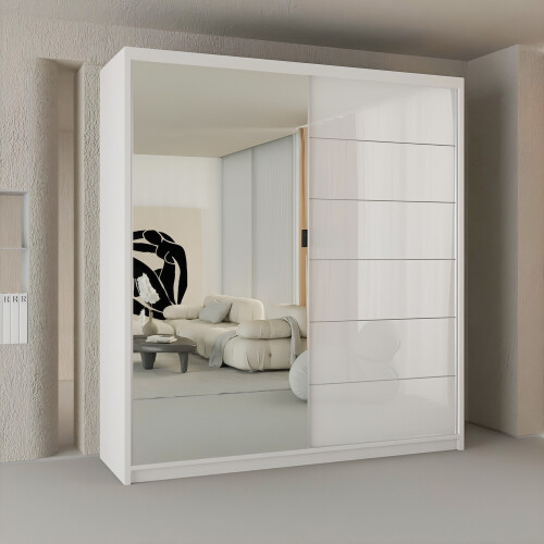 MN Furniture High Gloss Sliding Mirrored Wardrobes White  150cm